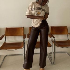 Garage Brown Leather High Rise Straight Leg Pants